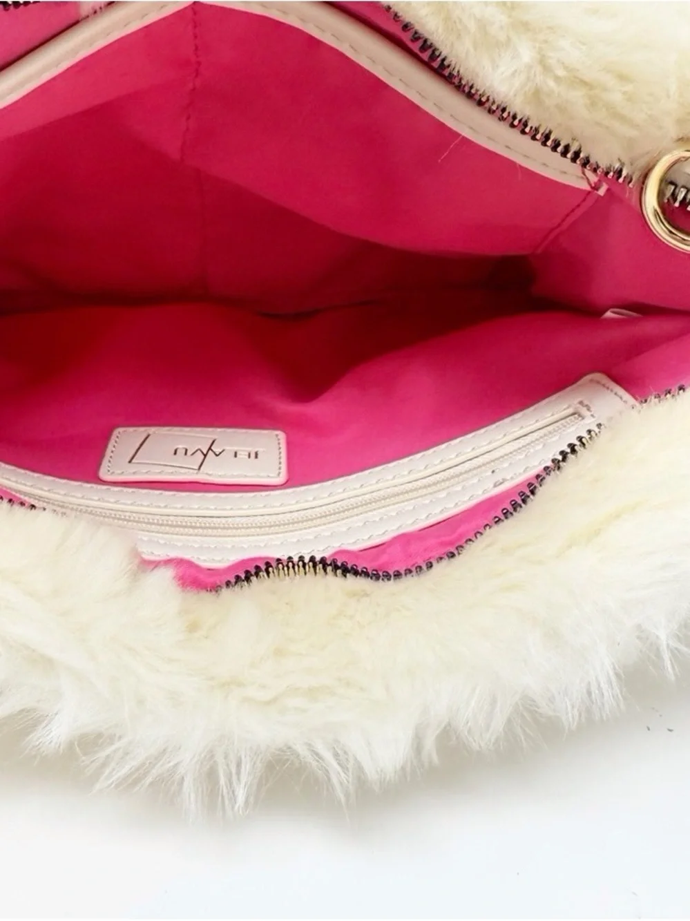 Cream Faux Fur Shoulder Bag with Gold Chain Strap